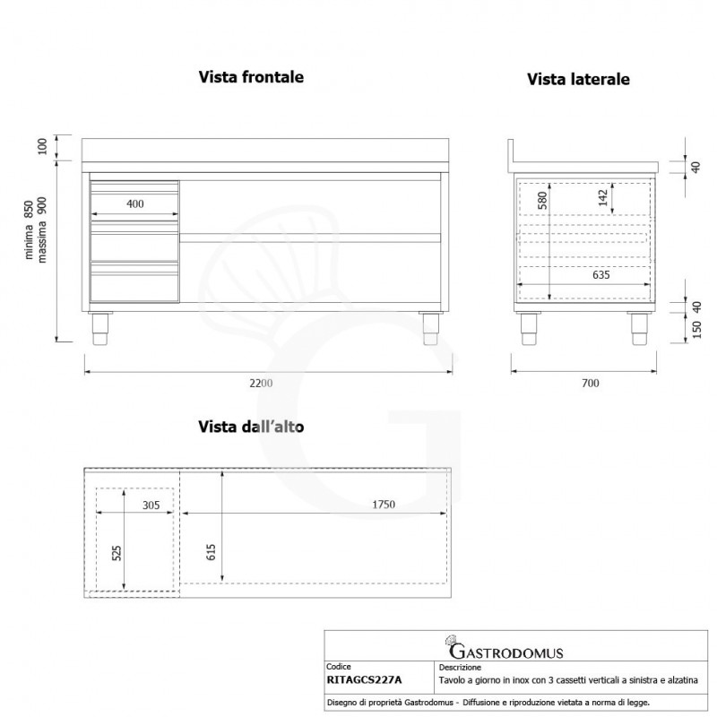Offener Edelstahltisch mit 3 Schubladen links und Aufsatz B 2200 mm x T 700 mm x H 950 mm