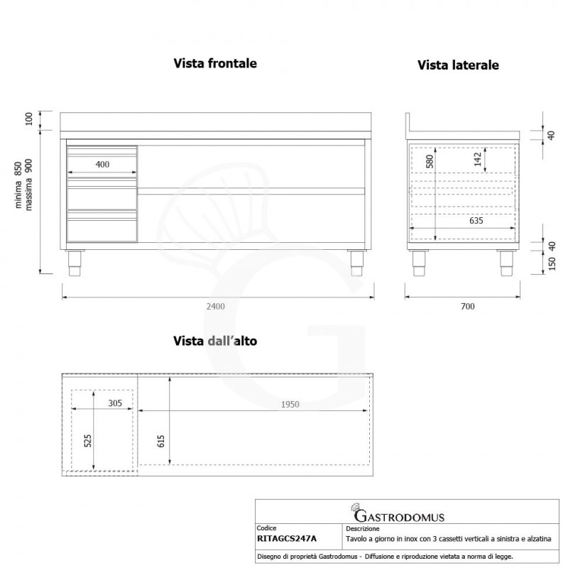 Tavolo a giorno in acciaio inox,3 cassetti a sinistra, alzatina, L 2400 mm x P 700 mm x H 850 mm