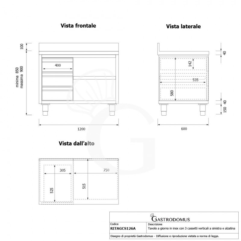 Offener Edelstahltisch mit 3 Schubladen links und Aufsatz B 1200 mm x T 600 mm x H 950 mm