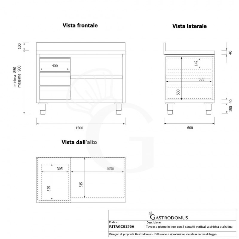 Offener Edelstahltisch mit 3 Schubladen links und Aufsatz B 1500 mm x T 600 mm x H 950 mm