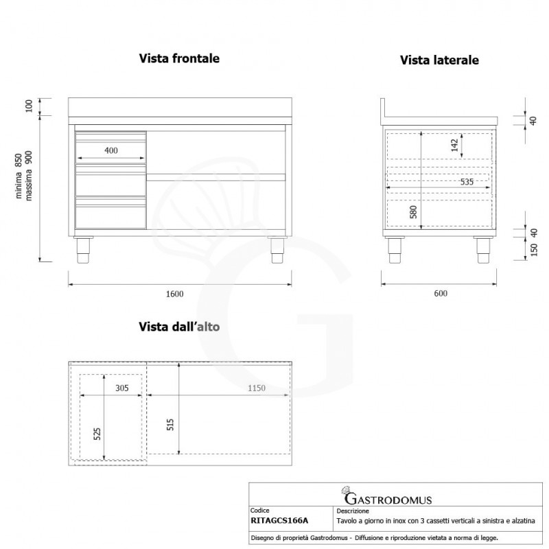 Offener Edelstahltisch mit 3 Schubladen links und Aufsatz B 1600 mm x T 600 mm x H 950 mm
