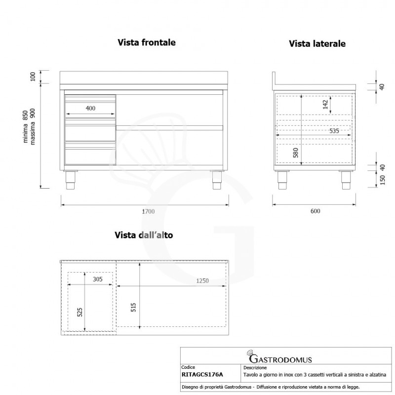 Offener Edelstahltisch mit 3 Schubladen links und Aufsatz B 1700 mm x T 600 mm x H 950 mm