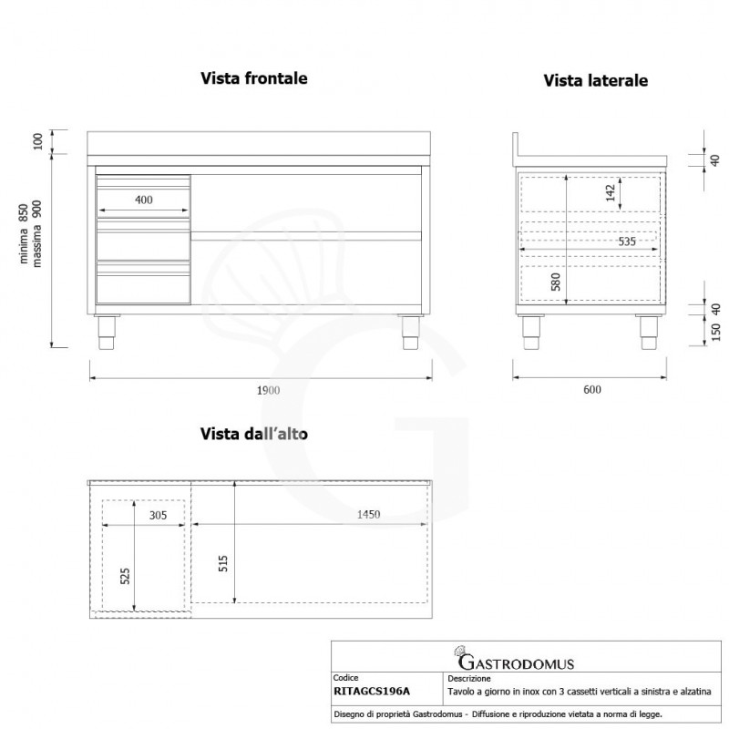 Offener Edelstahltisch mit 3 Schubladen links und Aufsatz B 1900 mm x T 600 mm x H 950 mm