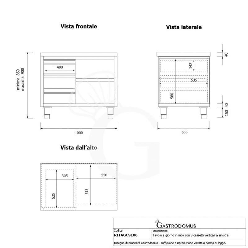 Offener Edelstahltisch mit 3 Schubladen auf der linken Seite B 1000 mm x T 600 mm x H 850 mm