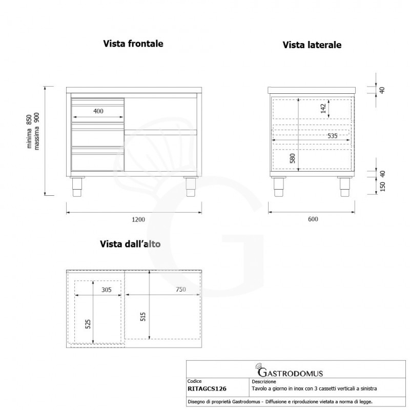 Offener Edelstahltisch mit 3 Schubladen auf der linken Seite B 1200 mm x T 600 mm x H 850 mm