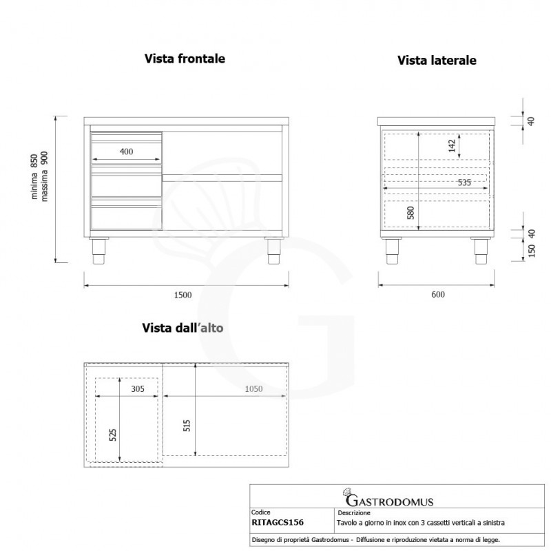 Offener Edelstahltisch mit 3 Schubladen auf der linken Seite B 1500 mm x T 600 mm x H 850 mm