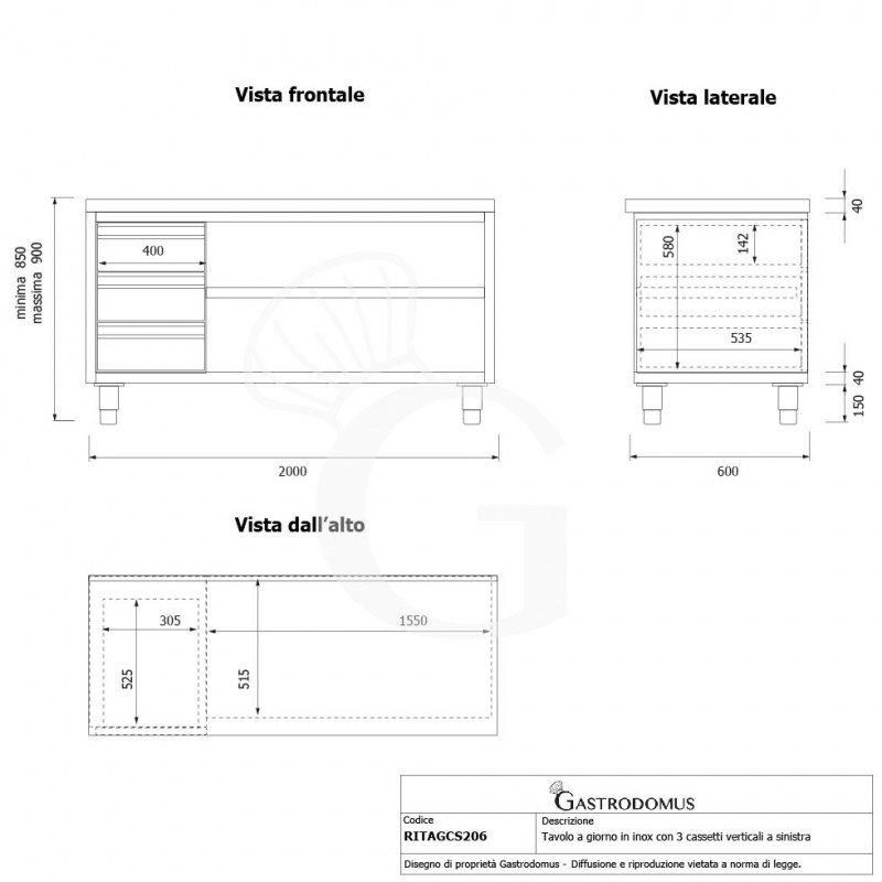 Offener Edelstahltisch mit 3 Schubladen auf der linken Seite B 2000 mm x T 600 mm x H 850 mm