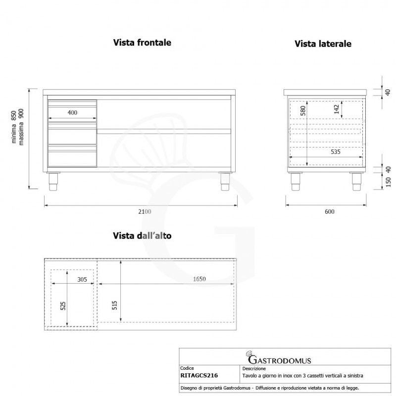 Offener Edelstahltisch mit 3 Schubladen auf der linken Seite B 2100 mm x T 600 mm x H 850 mm