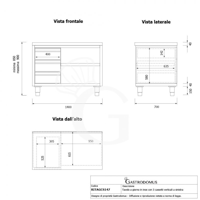 Offener Edelstahltisch mit 3 Schubladen auf der linken Seite B 1400 mm x T 700 mm x H 850 mm