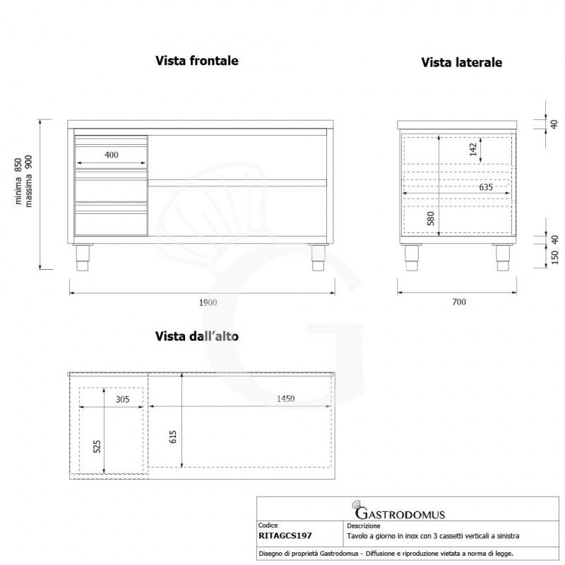 Offener Edelstahltisch mit 3 Schubladen auf der linken Seite B 1900 mm x T 700 mm x H 850 mm