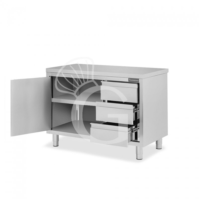 Schranktisch aus Edelstahl 1 Flügeltür 3 Schubladen rechts B 1000 mm x T 600 mm x H 850 mm