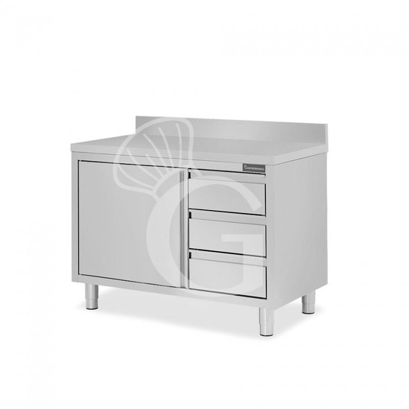 Schranktisch aus Edelstahl 1 Flügeltür 3 Schubladen rechts Aufsatz B 1000 mm x T 700 mm x H 950 mm