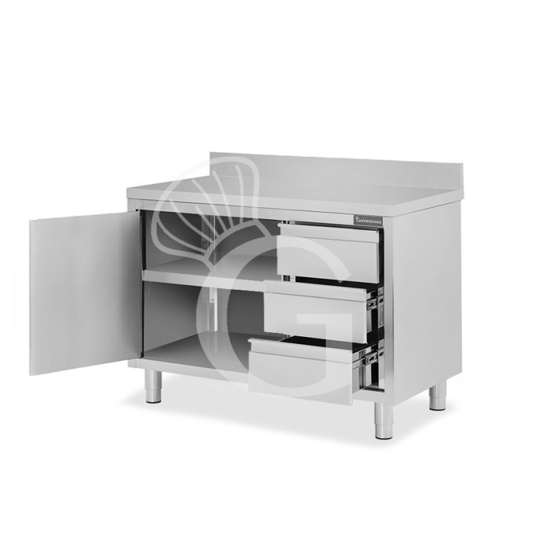 Schranktisch aus Edelstahl 1 Flügeltür 3 Schubladen rechts Aufsatz B 1000 mm x T 700 mm x H 950 mm