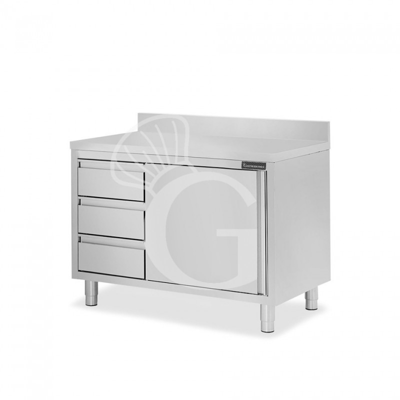 Schranktisch aus Edelstahl 1 Flügeltür 3 Schubladen links Aufsatz B 1000 mm x T 700 mm x H 950 mm
