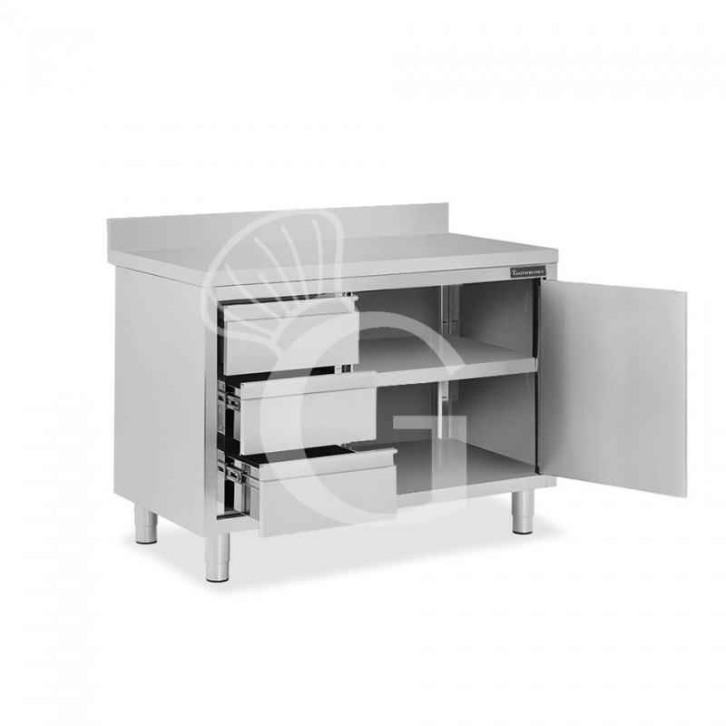 Schranktisch aus Edelstahl 1 Flügeltür 3 Schubladen links Aufsatz B 1000 mm x T 700 mm x H 950 mm