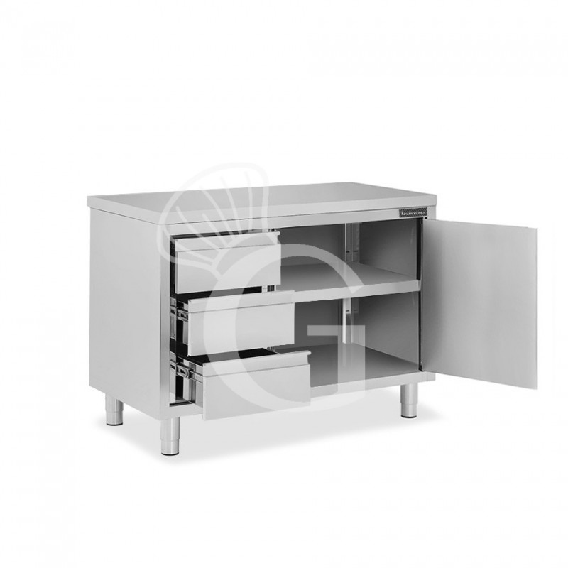 Schranktisch aus Edelstahl 1 Flügeltür 3 Schubladen links B 1000 mm x T 700 mm x H 850 mm