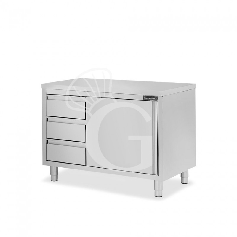 Schranktisch aus Edelstahl 1 Flügeltür 3 Schubladen links B 1000 mm x T 600 mm x H 850 mm