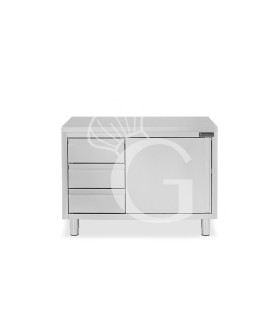 Schranktisch aus Edelstahl 1 Flügeltür 3 Schubladen links B 1000 mm x T 600 mm x H 850 mm