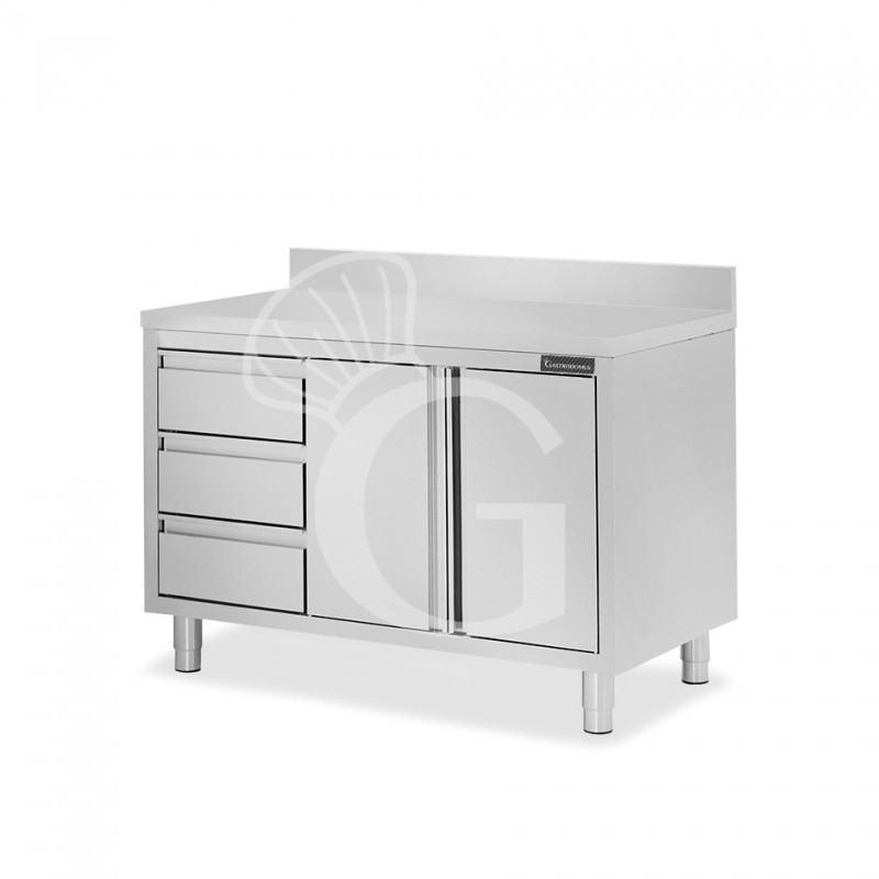 Schranktisch aus Edelstahl 2 Flügeltüren 3 Schubladen links Aufsatz B 1200 mm x T 700 mm x H 950 mm