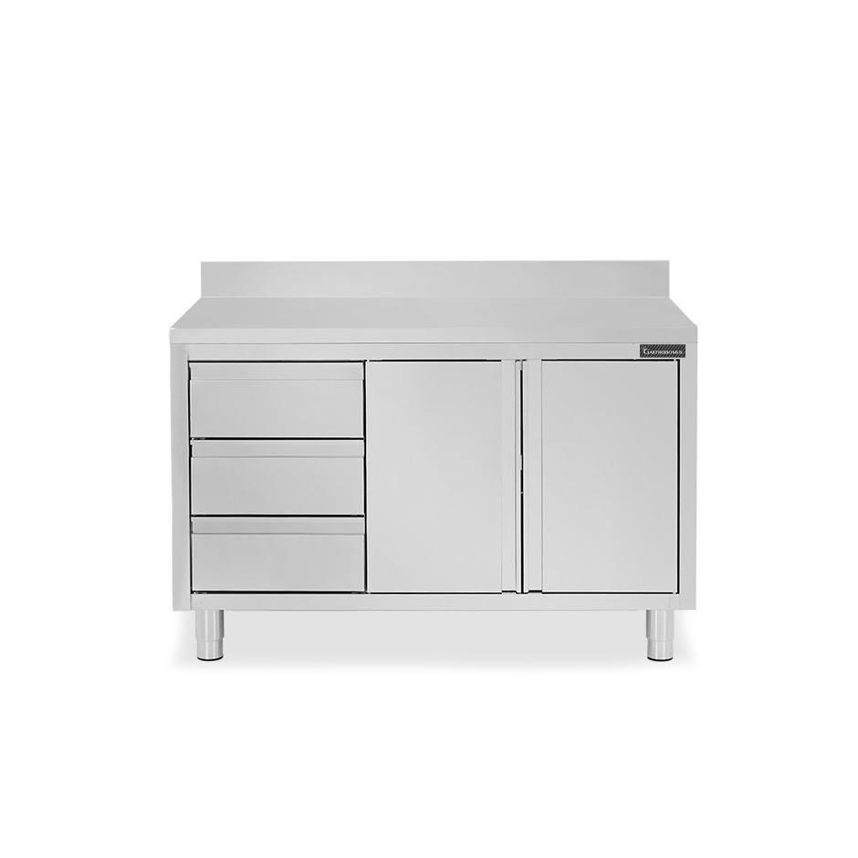 Schranktisch aus Edelstahl 2 Flügeltüren 3 Schubladen links Aufsatz B 1200 mm x T 700 mm x H 950 mm