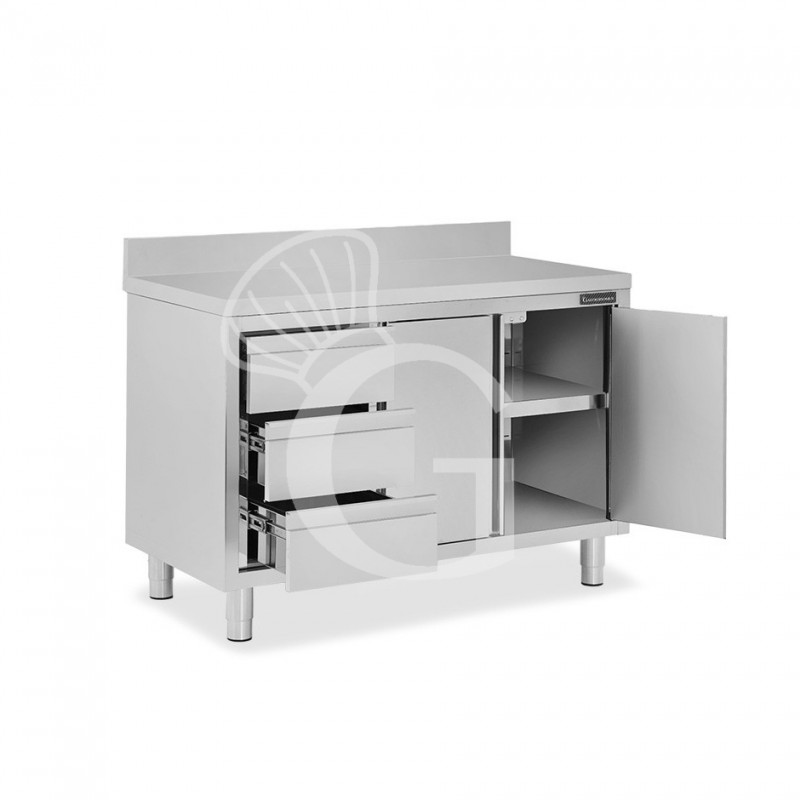 Schranktisch aus Edelstahl 2 Flügeltüren 3 Schubladen links Aufsatz B 1200 mm x T 700 mm x H 950 mm