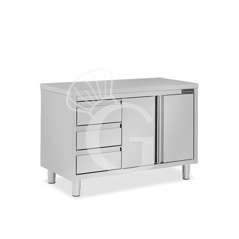 Schranktisch aus Edelstahl 2 Flügeltüren 3 Schubladen links B 1200 mm x T 700 mm x H 850 mm