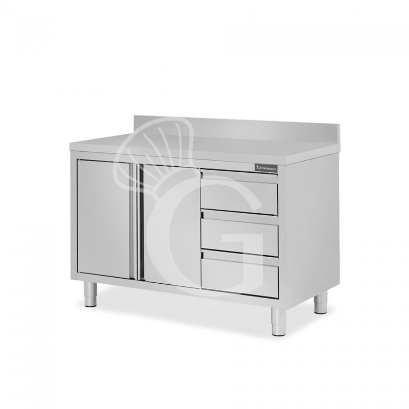 Schranktisch aus Edelstahl 2 Flügeltüren 3 Schubladen rechts Aufsatz B 1200 mm x T 700 mm x H 950 mm