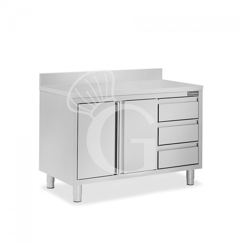 Schranktisch aus Edelstahl 2 Flügeltüren 3 Schubladen rechts Aufsatz B 1200 mm x T 700 mm x H 950 mm