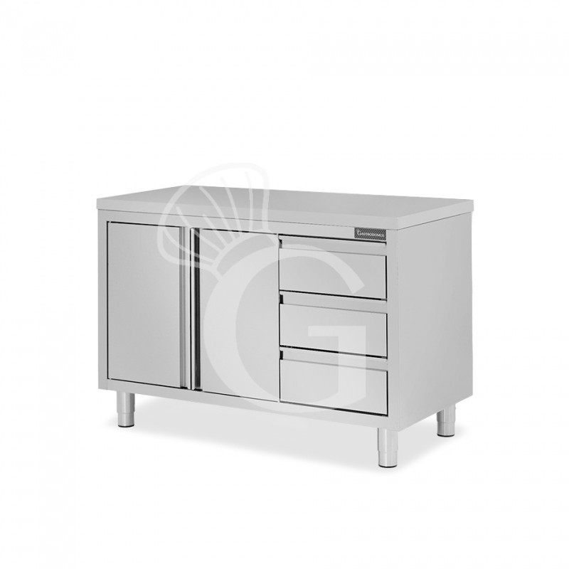 Schranktisch aus Edelstahl 2 Flügeltüren 3 Schubladen rechts B 1200 mm x T 700 mm x H 850 mm