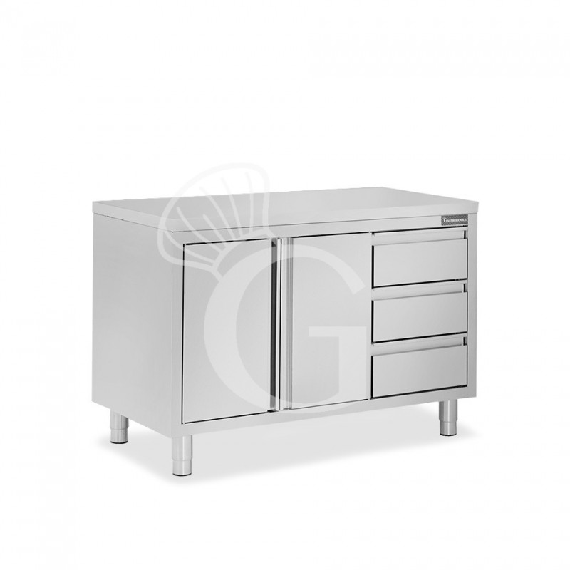 Schranktisch aus Edelstahl 2 Flügeltüren 3 Schubladen rechts B 1200 mm x T 700 mm x H 850 mm