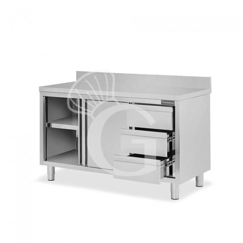 Schranktisch aus Edelstahl 2 Schiebetüren 3 Schubladen rechts Aufsatz B 1500 mm x T 600 mm x H 950 mm