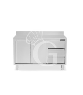 Schranktisch aus Edelstahl 2 Schiebetüren 3 Schubladen rechts Aufsatz B 1500 mm x T 600 mm x H 950 mm