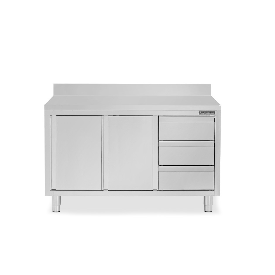 Schranktisch aus Edelstahl 2 Schiebetüren 3 Schubladen rechts Aufsatz B 1500 mm x T 600 mm x H 950 mm
