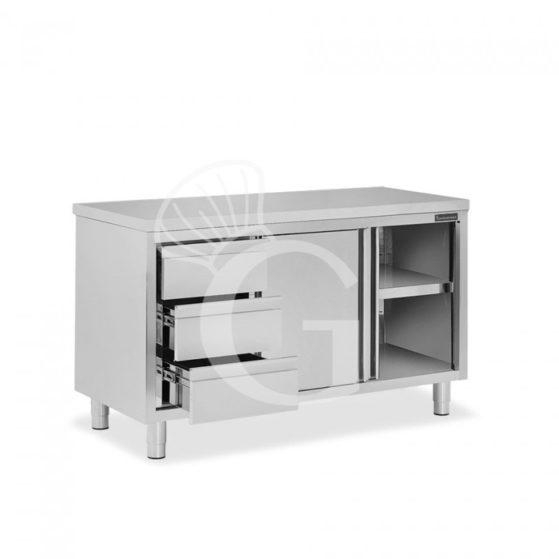 Schranktisch aus Edelstahl 2 Schiebetüren 3 Schubladen links B 1400 mm x T 700 mm x H 850 mm