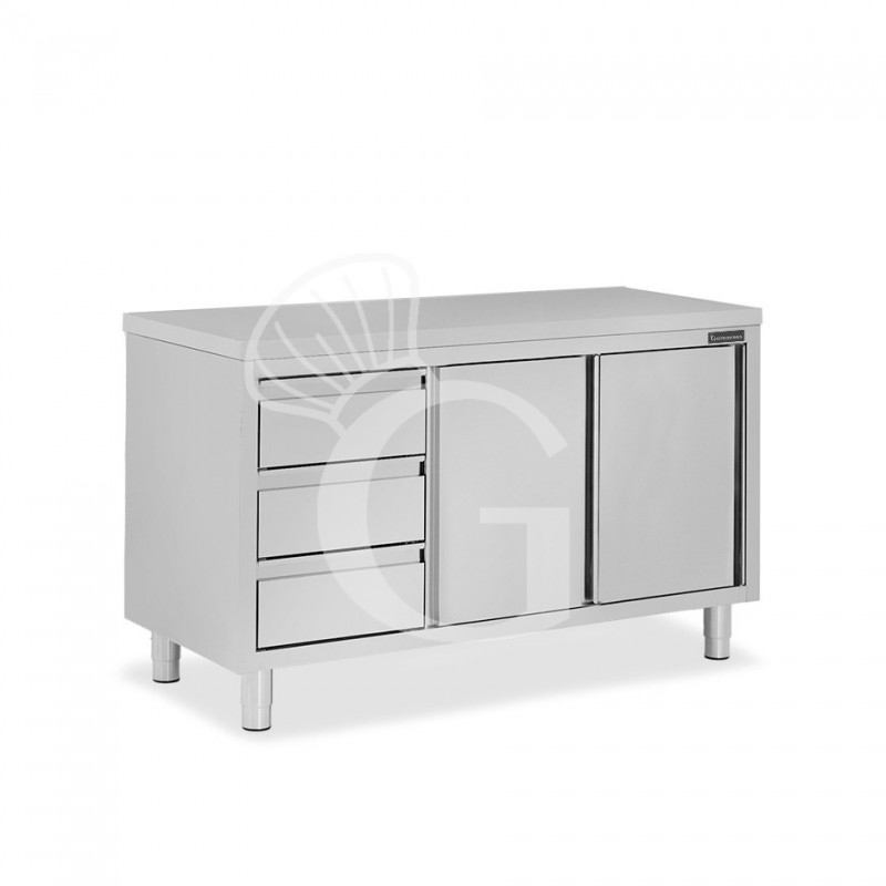 Schranktisch aus Edelstahl 2 Schiebetüren 3 Schubladen links B 1400 mm x T 700 mm x H 850 mm