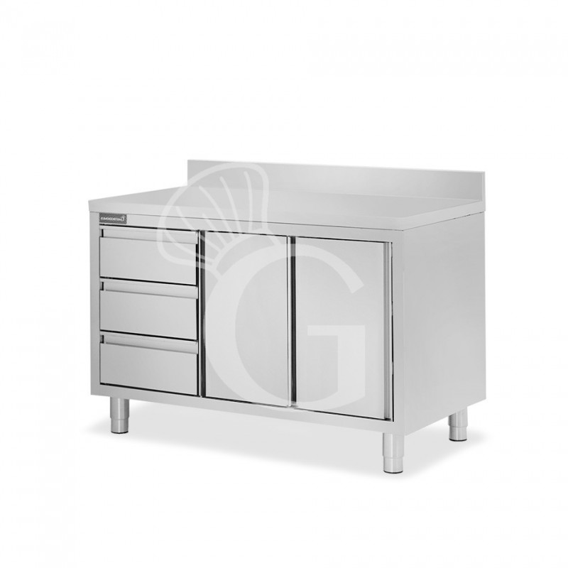 Schranktisch aus Edelstahl 2 Schiebetüren 3 Schubladen links Aufsatz B 1500 mm x T 600 mm x H 950 mm