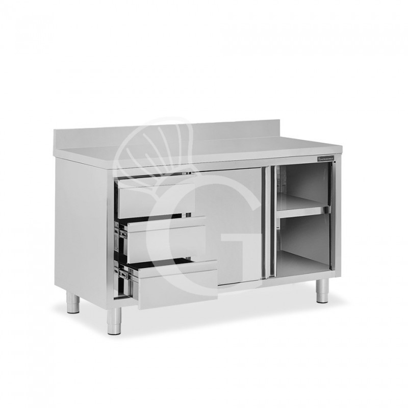 Schranktisch aus Edelstahl 2 Schiebetüren 3 Schubladen links Aufsatz B 1500 mm x T 600 mm x H 950 mm