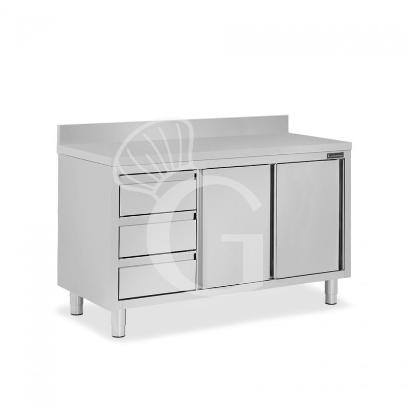 Schranktisch aus Edelstahl 2 Schiebetüren 3 Schubladen links Aufsatz B 1500 mm x T 600 mm x H 950 mm