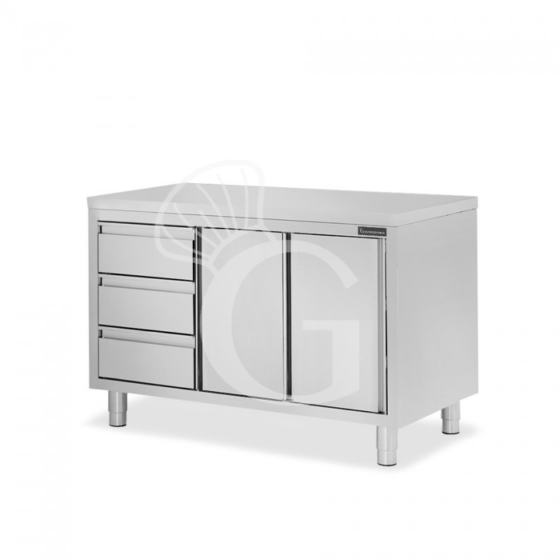 Schranktisch aus Edelstahl 2 Schiebetüren 3 Schubladen links B 1500 mm x T 700 mm x H 850 mm