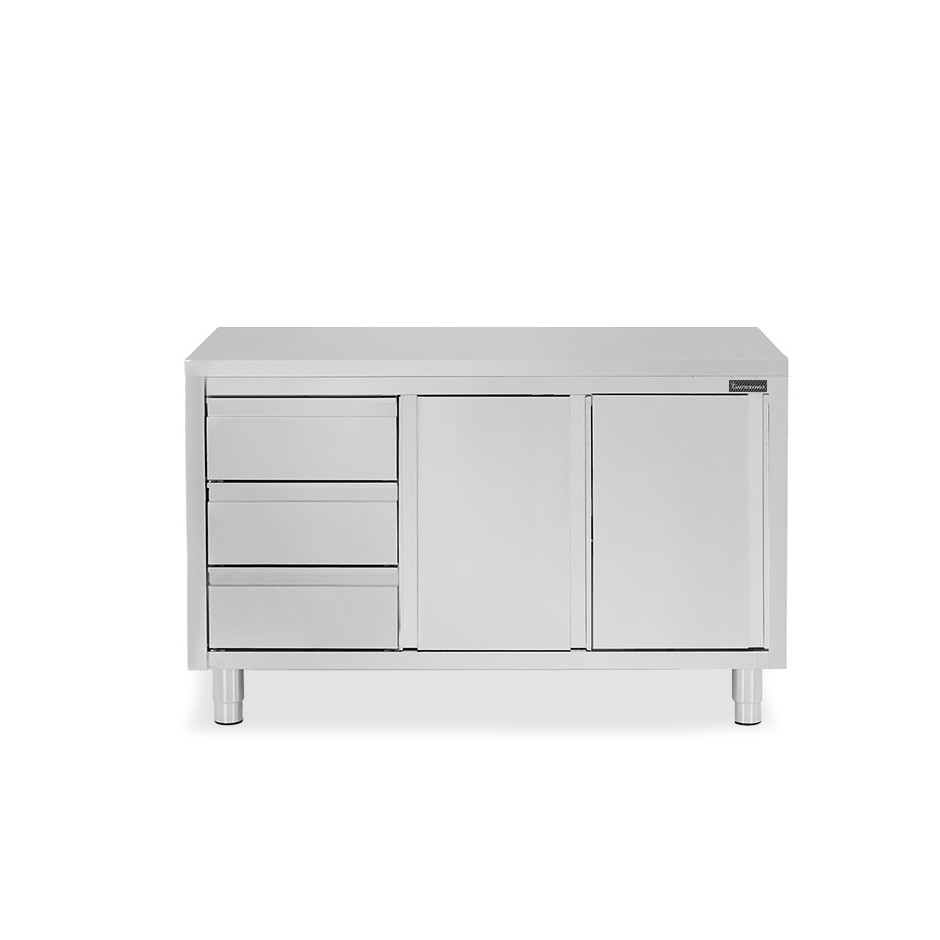 Schranktisch aus Edelstahl 2 Schiebetüren 3 Schubladen links B 1500 mm x T 600 mm x H 850 mm