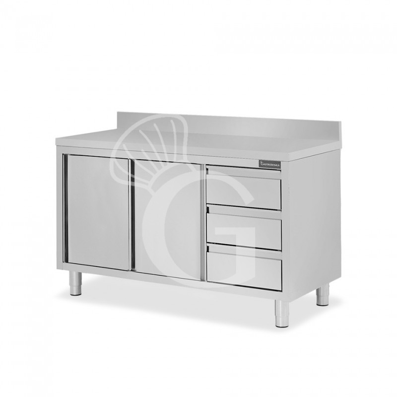 Schranktisch aus Edelstahl 2 Schiebetüren 3 Schubladen rechts Aufsatz B 1600 mm x T 700 mm x H 950 mm