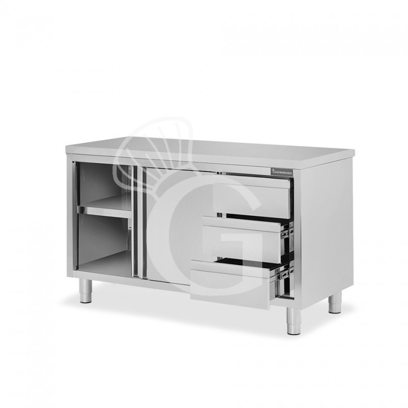 Schranktisch aus Edelstahl 2 Schiebetüren 3 Schubladen rechts B 1600 mm x T 700 mm x H 850 mm