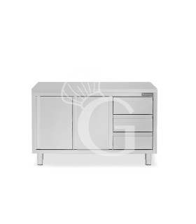Schranktisch aus Edelstahl 2 Schiebetüren 3 Schubladen rechts B 1600 mm x T 700 mm x H 850 mm