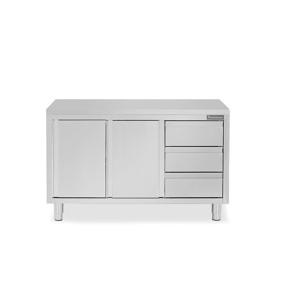 Schranktisch aus Edelstahl 2 Schiebetüren 3 Schubladen rechts B 1600 mm x T 700 mm x H 850 mm