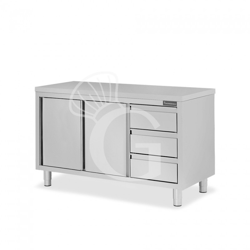 Schranktisch aus Edelstahl 2 Schiebetüren 3 Schubladen rechts B 1600 mm x T 600 mm x H 850 mm