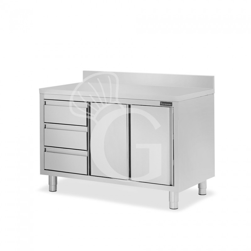 Schranktisch aus Edelstahl 2 Schiebetüren 3 Schubladen links Aufsatz B 1600 mm x T 700 mm x H 950 mm