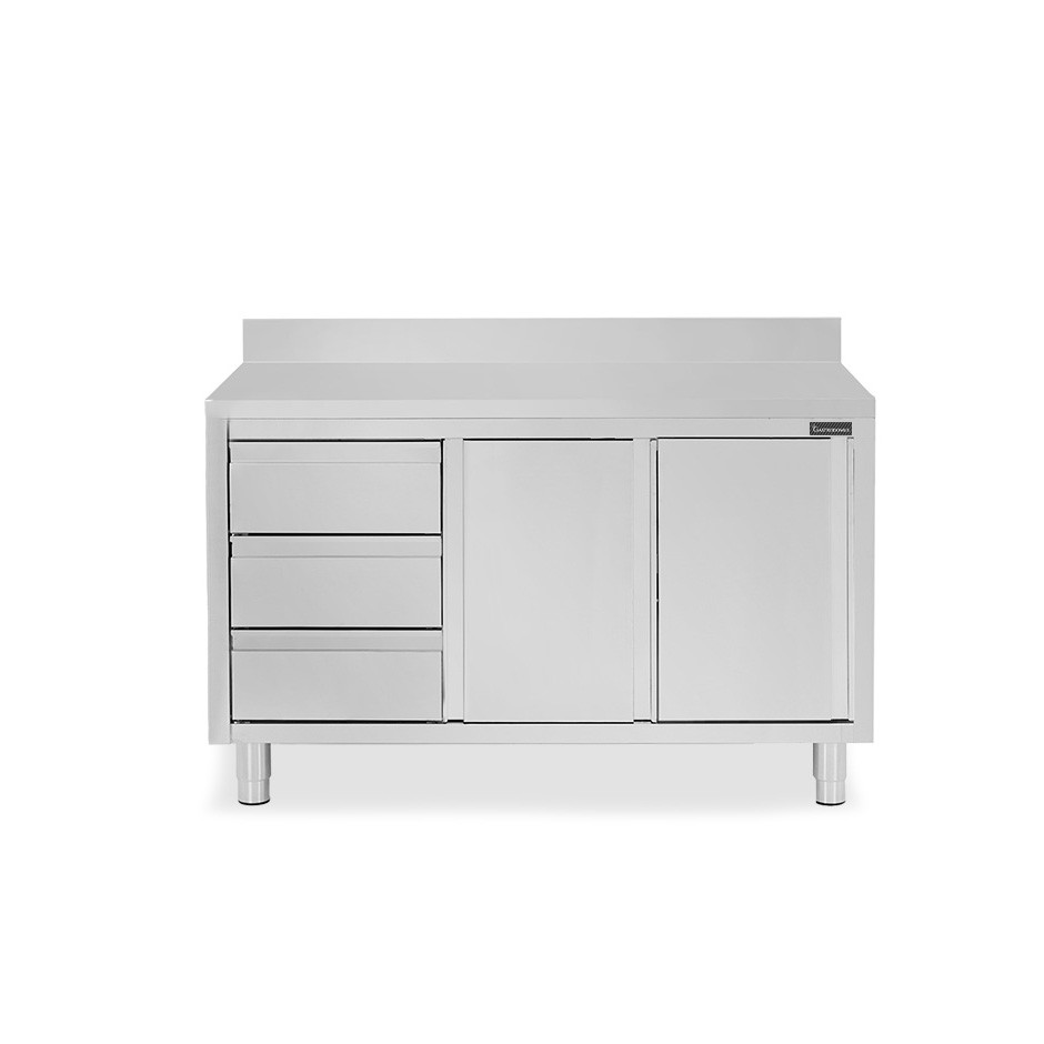 Schranktisch aus Edelstahl 2 Schiebetüren 3 Schubladen links Aufsatz B 1600 mm x T 700 mm x H 950 mm
