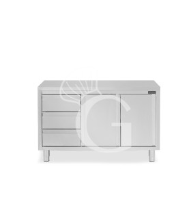 Schranktisch aus Edelstahl 2 Schiebetüren 3 Schubladen links B 1600 mm x T 700 mm x H 850 mm