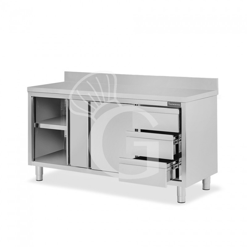 Schranktisch aus Edelstahl 2 Schiebetüren 3 Schubladen rechts Aufsatz B 1700 mm x T 700 mm x H 950 mm