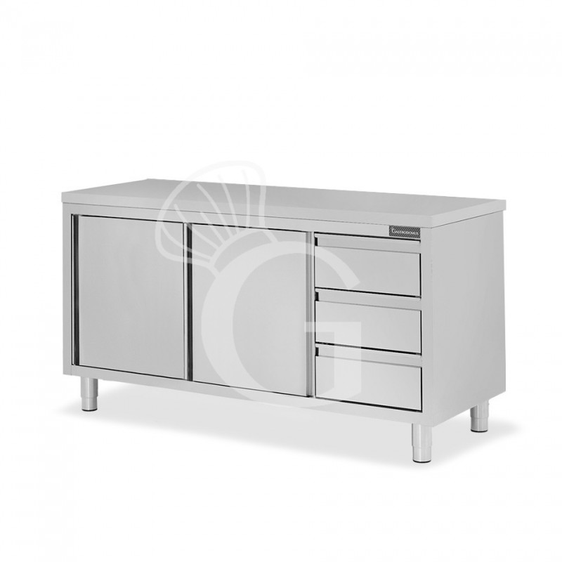 Schranktisch aus Edelstahl 2 Schiebetüren 3 Schubladen rechts B 1700 mm x T 700 mm x H 850 mm